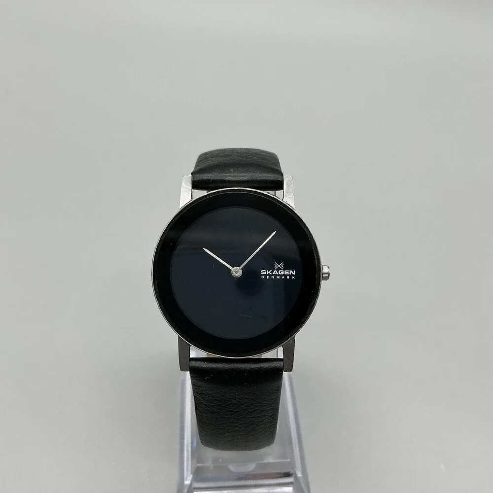 Skagen Womens Watch 33mm Black Dial Black Leather Minimalist Dress New Battery